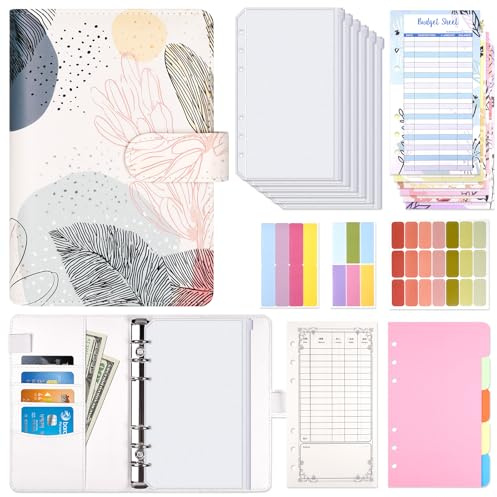 Luminzo Budgetplaner A6 mit Geldfach & Kartenfächer für Bargeld, Boho Leaf | Sparmappe nach Umschlagmethode inkl. Budgetblätter, in Schwarz erhältlich, ideal für Cash Stuffing, kompakt und praktisch