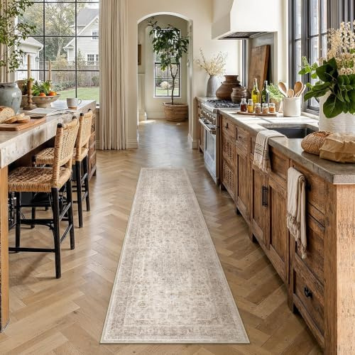 PureCozy Waschbarer LäUfer Flur Beige Vintage Teppich 60x180cm | Weich Kurzflor Carpet, Rutschfest, Küche, Bettvorleger,Eingangsbereich, Schlafzimmer, Esszimmer