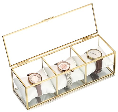 OGANAZI Glas Uhrenbox mit 3 Fächern Gold Uhrenkasten mit weiche Uhrenkissen | Herren Uhrenkoffer Damen Uhrenaufbewahrungsbox Uhrenschatulle für Tisch Geschenk für Uhrenliebhaber (Metallrahmen, 3 Kissen)