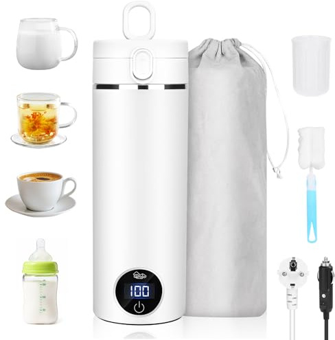 Bollitore elettrico portatile da viaggio, 500 ml, bollitore da viaggio per tè e caffè, spegnimento automatico e protezione a secco con Spazzola e Caricatore Auto, per Tè Latte Caffè Campeggio