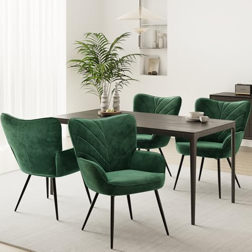 COLAMY Esszimmerstühle mit Armlehnen 4er Set, Stühle Esszimmer mit Rückenlehne, Polsternder Küchenstühle Gepolstert mit Wingback, Dining Chairs mit Holzbeinen für Esszimmer, Küche, Restaurant, Grün