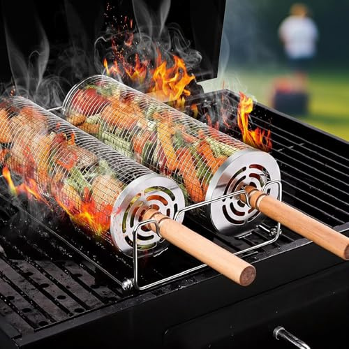 Deeylious Nestbar Rollender Grillkorb, Abnehmbarer Holzgriff, Edelstahl 304, Zwei Öffnungs Methoden, Outdoor Küche Grill Zubehör für Garten Camping Gadgets für Gasgrill, Grill Geschenke für Männer