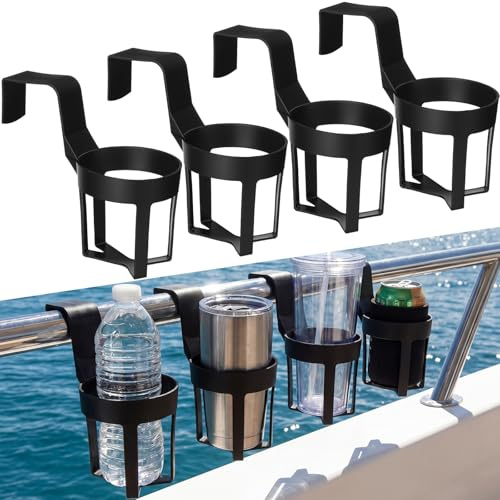 Singhoow 4 Pcs Boat Cup Holders for Drinks Boat Rail Cup Holder for Most Size Mugs Water Bottle Drink (Black)