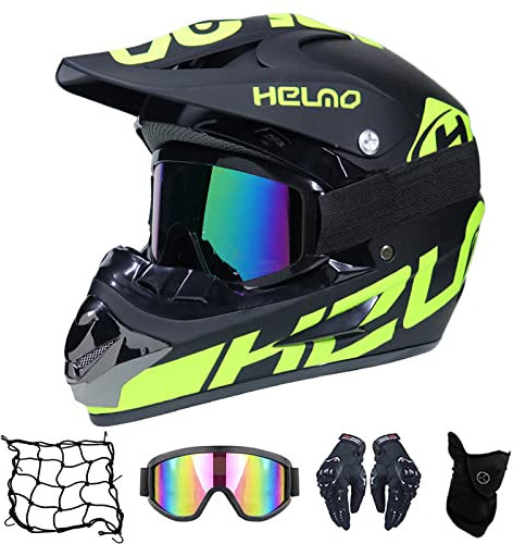 VOMI Motorrad Crosshelm mit Brille (5 Stück) - Schwarz Grün-H Adult Motocross Helm Erwachsener Off Road Fullface MTB Helm Mopedhelm Motorradhelm für Damen Herren Sicherheit Schutz,XL