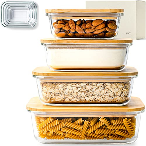 KIVY Premium Glass Food Box Bamboo Lids [Set of 4] – Glass Lunch Box – Glass Food Storage Box – Glass Food Storage Box – Wooden Boxes