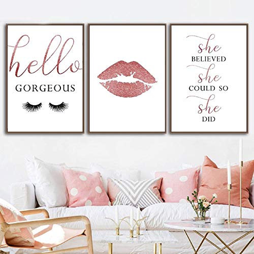 QZROOM Rose Gold Lash Lips Print Makeup Poster Hello Gorgeous Sign Fashion Wall Art Canvas Painting Girls Gift Decor Pictures, 30x40cmx3 -no frame