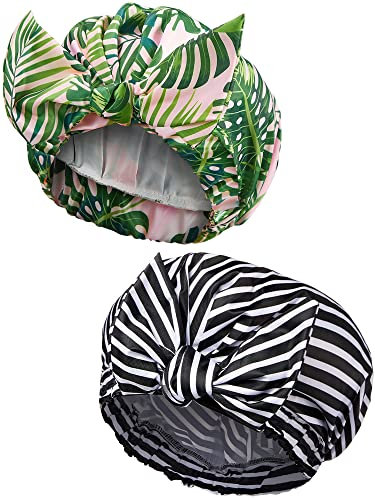 2 Pieces Shower Caps for Women, Waterproof Reusable Shower Hair Caps Elastic Hem Turban Shower Bath Caps for Long, Short and Curly Hair for Women Girls (Palm Leaf and Stripe)