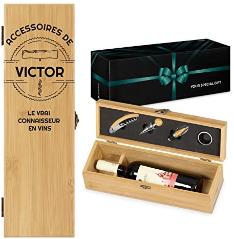 Maverton Coffret à bouteille en bambou, Cadeau d'accessoires pour le vin, Set sommelier personnalisé, Cadeau pour chaque homme - connaisseur