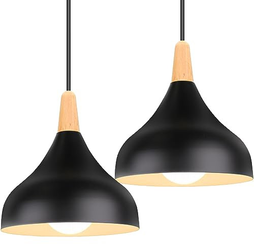 iDEGU Lámpara de Techo Retro LED Lámpara Colgante Moderna Estilo Gota E27 Iluminación de techo Vintage en Madera Metal Lámpara moderna para Dormitorio Comedor Cocina, 20cm (Negro, 2 Piezas)