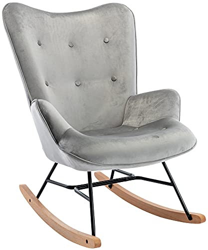 CLP Schaukelstuhl Sanka I Schaukelsessel Mit Samtbezug Und Metallgestell I Relaxsessel Mit Holzkufen, Farbe:grau