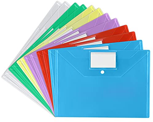 Vicloon Dokumententasche, 12 x Sichttasche A4 Verschiedene Transparente Farben, mit Druckknopf und Visitenkartentasche, zum Abheften, Sortiert für Schule, Job, Büro und zu Hause
