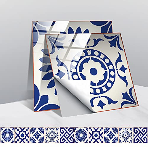 30 Stück Fliesenaufkleber, Hiser Retro Böhmen Monaco Stil Wasserdicht Ölfest Stickerfliesen Mosaik Marmor Deko Selbstklebende Fliesenfolie für Badezimmer Wohnzimmer Küche (Blau,20x20cm)