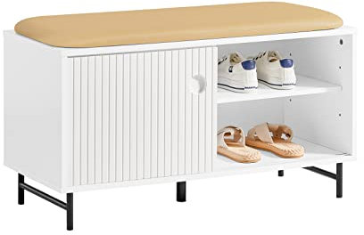 SoBuy FSR116-W Schuhbank mit Sitzfläche und Schiebetüren Sitzbank mit Stauraum Dielenbank Schuhtruhe Garderobenbank Sitzkommode Schuhregal schmal Weiß BHT ca.: 85x49x37cm