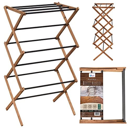 SEPIO Wäscheständer aus Holz, Schwarze Metallstäbe, FSC-zertifiziertes Eschenholz, vertikaler Wäschetrockner