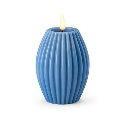 ReWu LED Kerze Deluxe Homeart Rillenkerze Oval Echtwachs, Ice Blue | Wachsspiegel, Ovale Formkerze