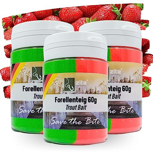 Zite Fishing UV aktive Forellenpasten-Set – 3x60g Special Edition – Forellenteig als Köder-Set fürs Forellenangeln (Erdbeere rot/grün)