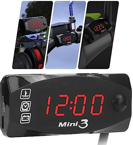 12V Moto LED Horloge Numérique Thermomètre Voltmètre 3 En 1 Horloge Numérique Thermomètre Voltmètre IP67 étanche avec Affichage Grand Écran