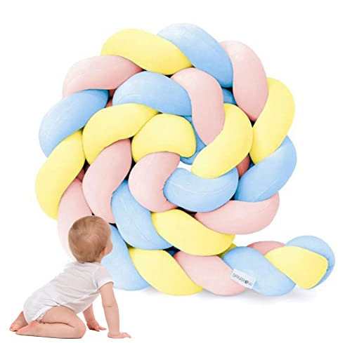 PTKG Bettschlange Geflochten Bettkantenschutz Baby Nestchen Umrandungen Bettrolle Stillkissen, Geflochten Bettschlange Nestchen Babybett Knotenkissen,Pink Yellow Blue,2.5m