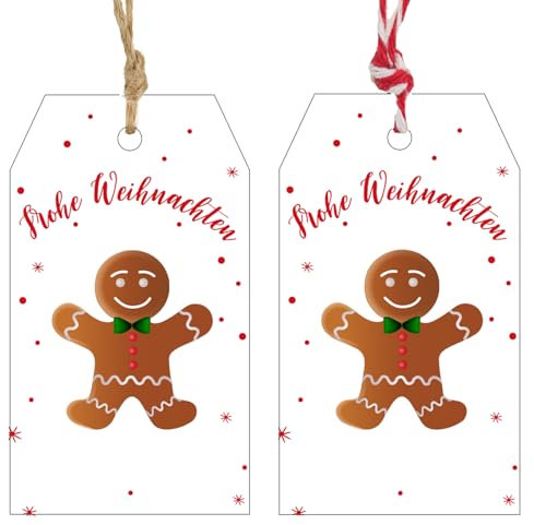 G2PLUS Frohe Weihnachten Geschenkanhänger Weiß, Lebkuchen Anhänger Frohe Weihnachten, 7x4cm Papier Weihnachtsanhänger, 100 Stück Weihnachtliche Etiketten für Weihnachten Adventskalende Deko