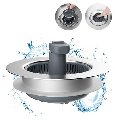 Hibbent 3 in 1 Kitchen Sink Drain Strainer and Stopper Combo, Chrome Stainless Steel Wraped Shell, Anti-Clogging Basket Strainer with Foldable Handle for US Standard 3-1/2 Drain