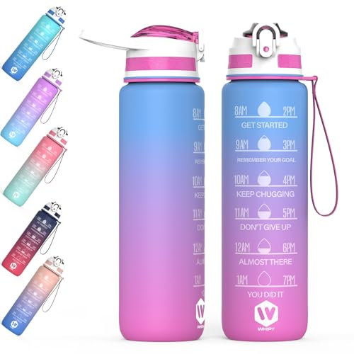 WHIPY 1L Water Bottle with Straw - Leak-Proof & BPA Free Reusable Sports Bottle - Motivational Time Markings for Hydration Durable Drink Bottle for Gym, Sports, Outdoor, Cycling (Blue & Purple)