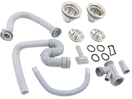 Double Sink Drain Kit Edelstahl-S-gebogenes Abflussrohr für Küchenspüle mit Doppeltem Abfluss, Abwasserrohr-Set, Geeignet für Badezimmer, Abfluss-Set für Badezimmer-Waschbecken