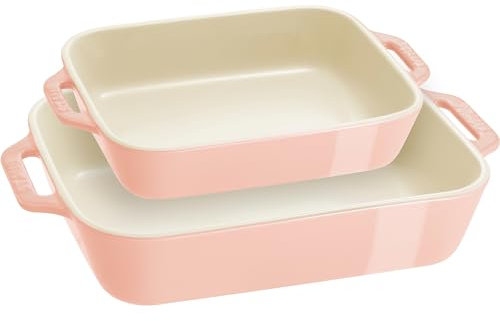 STAUB Gres Gratinados Juego de 2 Platos rectangulares de cerámica para Hornear, Color Rosa Pastel