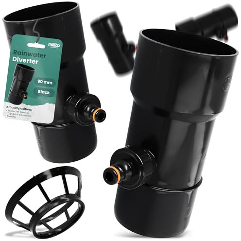 Millto™ Regensammler Dachrinnenablauf für Regentonne DN Ø90 mm 1 AG Schwarz | Wasserfänger Wassersammler Regenwasser Fallrohr Regenwassersammler Fallrohrfilter Anschluss für Schnellkupplung