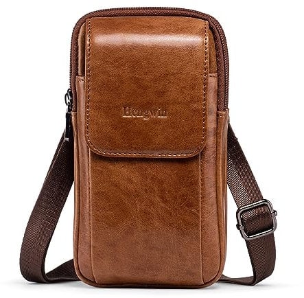 Hengwin Multifunctional Genuine Leather Double Zip Bags Men Vintage Look Shoulder Bag Mobile Phone Belt Bag Phone Holster for Travel, Outdoor Activities (Brown)