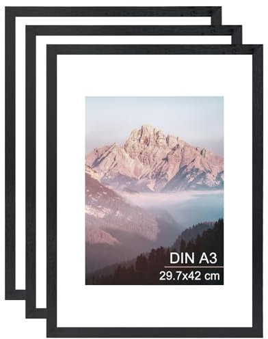 OMISHE 3er Pack Massivholz Bilderrahmen A3 29,7x42 cm, Schwarzer Bilderrahmen DIN A3 mit A4 Passepartout und Plastikhülle, Holz A3 Bilderrahmen für Wand, Rahmen DIN A3, Schwarz, 3er Pack
