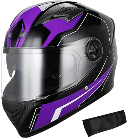 YPDOPORA Doppelvisier-Integral-Motorradhelm Mit Halstuch Für Männer Und Frauen, DOT/ECE-Zugelassene Motorrad-Moped-Straßenrad-Rennhelme,Lila
