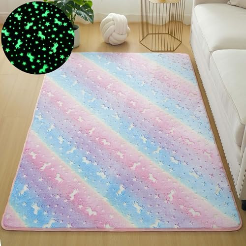 EMPVEX Area Rugs for Bedroom Glow in the Dark Rainbow Cartoon Pegasus, Fluorescent Carpet Luminous Rug for kids Bedroom, Dormitory, Nursery Decor, 80 x 160 cm