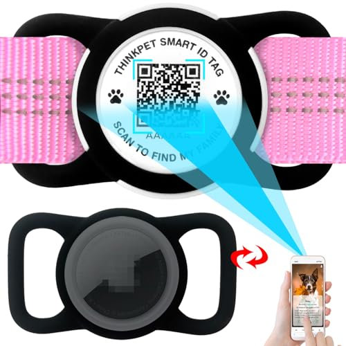 ThinkPet AirTag Hundehalsband mit QR Code Smart Pet ID Tag, Dual-Loop Tracker Halter mit Smart QR Code, Wasserdicht Staubdicht Silent Airtag Halter Mittel Schwarz