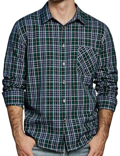 JOGAL Chemise à carreaux pour homme - Manches longues - Coupe droite - En coton - Avec poche, Vert marine., 3XL