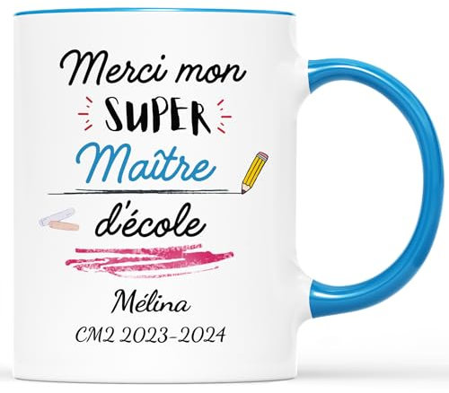 𝗖𝗔𝗗𝗘𝗔𝗨 𝗣𝗟𝗨𝗦 Mug Personnalisé Prénom - Merci Mon Super Maître d'École - Cadeau Maitre, Cadeau Fin d'Année Scolaire, Cadeau Maitre d'École Fin d'Année, Mug Personnalisé Maitre