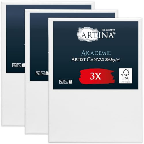 Artina Set de 3 Canvas Toile Peinture 60x80 cm – Tableau Peinture Châssis Entoilés en Bois FSC© – Tableau a Peindre Blanche 100% Coton 280g/m² – Toiles à Peindre Stable Akademie