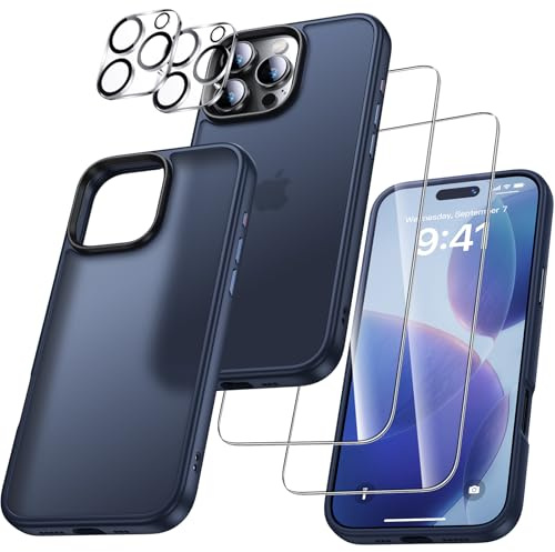UniqueMe für iPhone 16 Pro Hülle, 5-in-1-Set Handyhülle für iPhone 16 Pro Case Rundumschutz Schutzhülle Cover,1 Handyhülle & 2 Schutzfolie & 2 Kameraschutz - Matt Blau