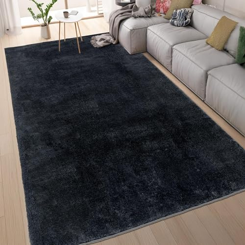 homeart Area Rugs – Soft, Short Pile Monochrome Carpets - Anti-Slip Backing, Machine Washable, Modern Fluffy Rugs for Living Room, Bedroom, Kitchen, Entrance - Black, 140x200 cm