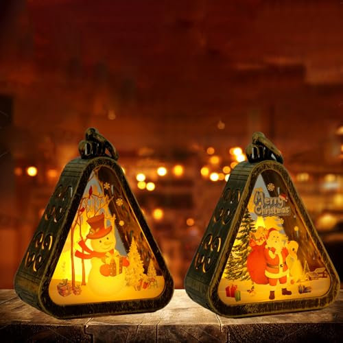 Laterne Weihnachten, 2 Stück Flammenlose Weihnachtskerzen, Vintage Weihnachtsdeko Laterne, Weihnachten LED Laterne, für Schlafzimmer Garten Balkon Kamins zum Tragen, Aufhängen oder als Tischdeko
