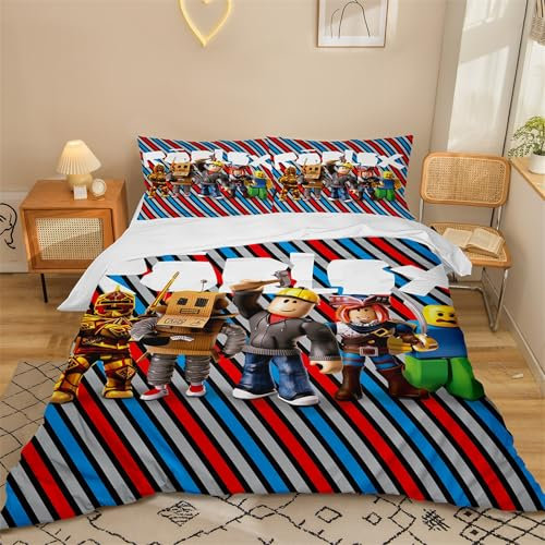 PYTRARTY Rob-lox BettwäSche,Rob-lox BettwäSche 135x200 Set 3 Teilig,Enthalten 1 Reine Rob-lox Bettbezug mit Reißverschluss und 2 80x80cm KissenbezüGe