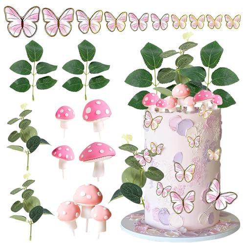 12 Stück Pilz Tortendeko, kuchen deko pilze, Pilze Deko Set für Kuchen mit Schmetterling, Gras, Pilz, Torten Deko Pilz für Mädchen Kinder Geburtstags, Babyparty