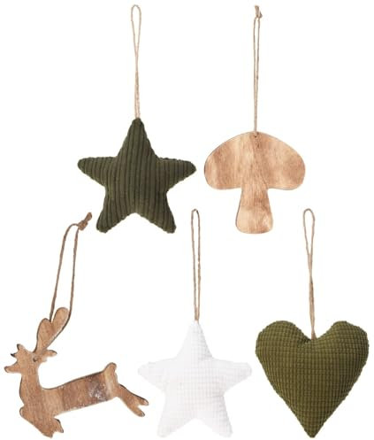 ZauberDeko Hängedeko Weihnachten Stern Herz Stoff Grün Weiß Pilz Hirsch Holz Natur Christbaumschmuck 5 Stück