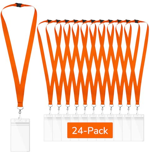 Lot de 24 Orange Cordons Tour de Cou avec Porte-Badge et Fermoir Sécurisé, Lanières en Polyester pour Carte d’Identité, Badges, École, Bureau et Événements