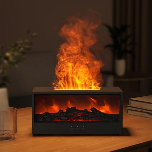 Flame Diffuser, 3D Flame Essential Oil Diffuser, 150ml Fireplace Flame Humidifier with 7 Colour Lights, Timer, Auto-Off, Remote Control, Super Quiet Night Light Aroma Diffusers for Home Office Bedroom