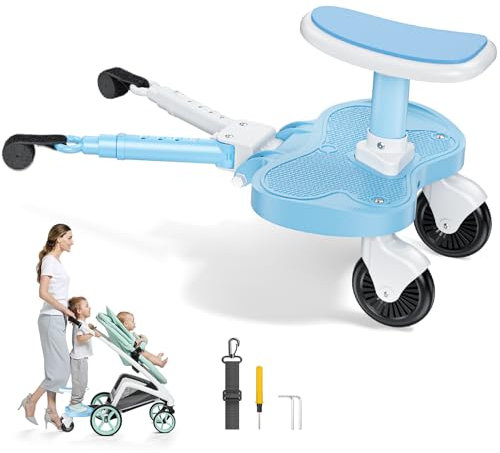 BugyKido Universal Buggy Board Sky Blue, Buggy Board with Larger Seat, 2-in-1 Kiddy Board for Children from 2-6 Years (25KG), Fits 99% of Strollers, Easy Installation, for Families with Two Kids