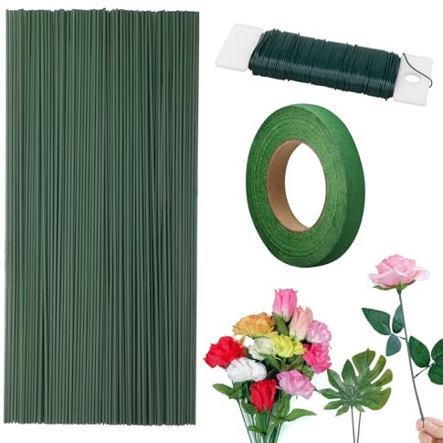 Blumen Arrangement Werkzeugsatz, 100 Stück 30 cm x 2 mm Blumenhandwerk Drähte Blumenstiel Drähte, 23 m 22 Gauge Blumendraht, Grünes Selbstklebendes Band, für Blumenstrauß Kranz Machen