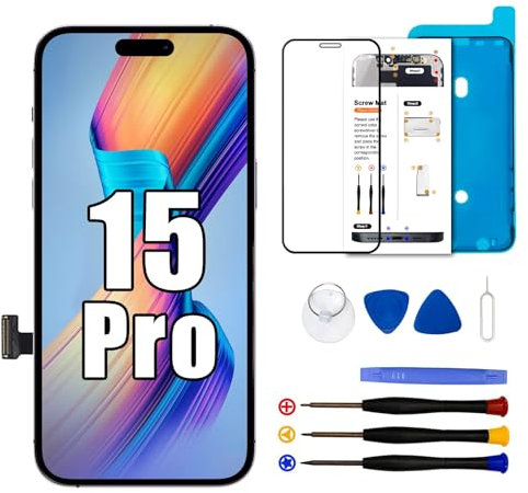 Display für iPhone 15 Pro, 6.1 Bildschirm für iPhone 15 Pro Full HD 3D Touch Digitizer, Display Reparaturset für iPhone 15 Pro mit Modell A3102, A2848, A3101, A3104 mit Reparatur-Werkzeug-Set