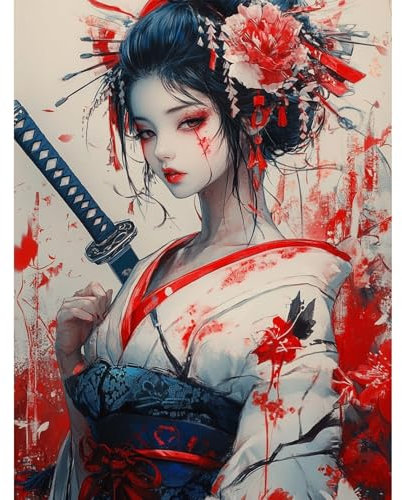 QENSPE 5D DIY Diamond Painting Mujer Japonesa Pintura Diamante para Adultos, Kit Bordado Art Diamante Redondo Completo Punto de Cruz de Diamantes Artesanía Pared Decor 30x40cm, Samurai