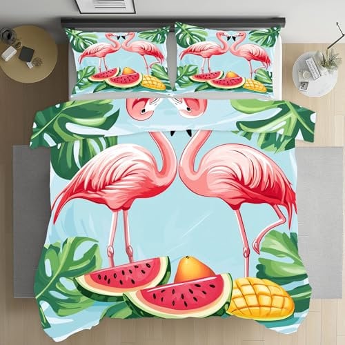 Dpvbffx Flamingo Tropisch Bettbezüge, Atmungsaktiver Palmen Vegetativ Bettwäsche, Weich Mikrofaser Wassermelone Obst Bettbezug 155x220 cm Mit Verdecktem Reissverschluss, 2 Kissenbezug 80x80 cm