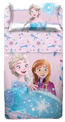 hermet Bettwäsche-Set für Einzelbett, Motiv: Die Eiskönigin, 100% Baumwolle, Bettwäsche-Set für Einzelbett, Bettdecke, Oberlaken mit Klappe, Spannbettlaken + Kissenbezug